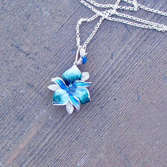 Teal Blue Green Orchid Flower Enamel Pendant Sterling Silver 925 - Picture 6 of 10